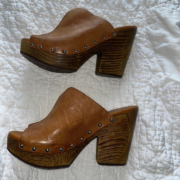 KorkEase Shoes Korkease Womens Deanna Brown Leather Studded Platform Wooden Mule Clog 8